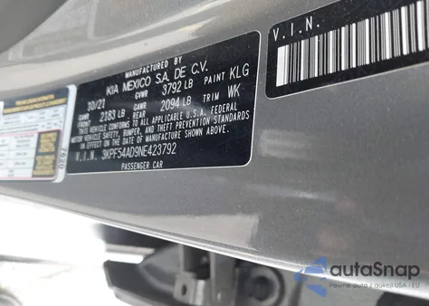 2022 Kia Forte Gt-Line z USA, uszkodzony, nr VIN 3KPF54AD9NE423792